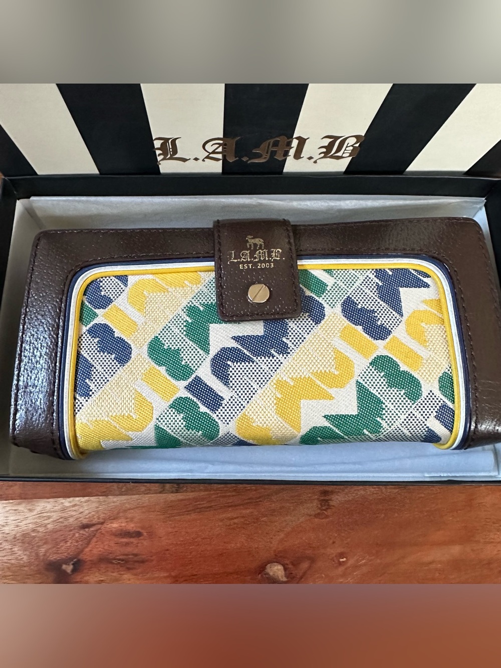 L.A.M.B. Brown Leather Clutch Wallet with Yellow, Green & Blue Logo Print